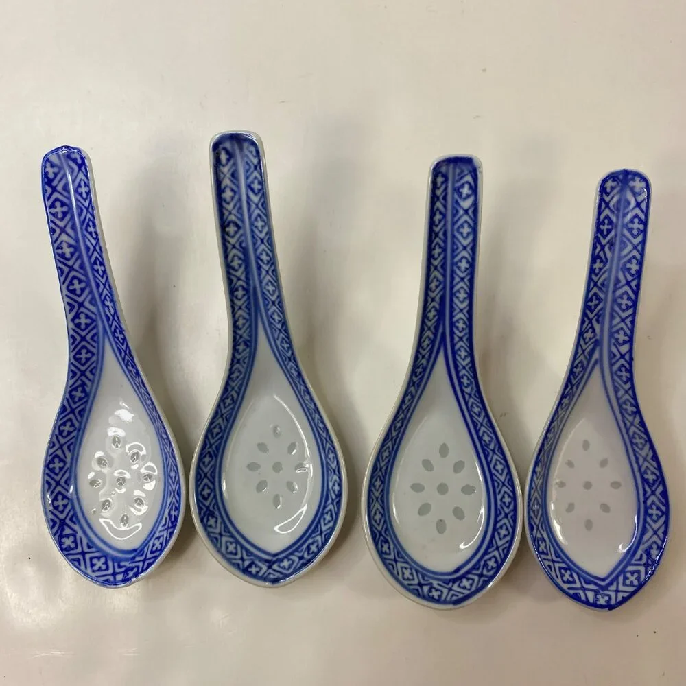 Set of 6 Porcelain Chinese Mun Shou Ceramic Soups Spoon Rice Eyes